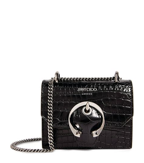 Jimmy Choo Black Mini Croc Embossed Leather Paris Cross Body Bag