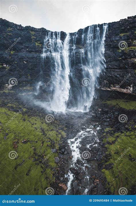 Aerial View Of Fossa Waterfall The Highest Waterfall In The Faroe