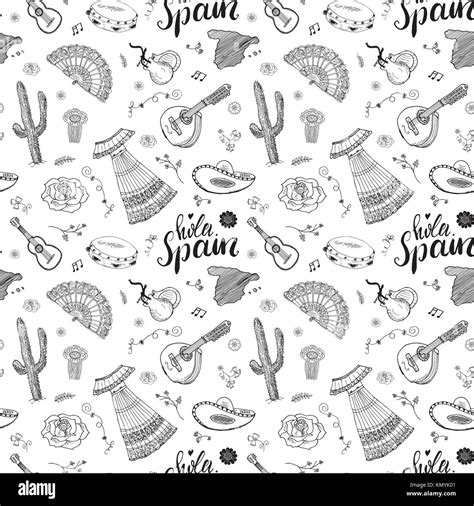 Spain Seamless Pattern Doodle Elements Hand Drawn Sketch Spanish Stock