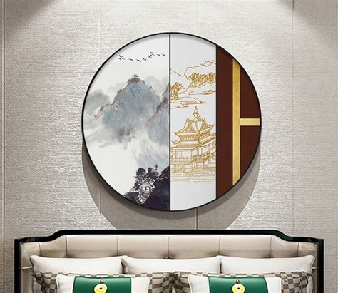 新中式装饰画 高清喷绘，晶瓷画 Round Mirror Bathroom Decorative Painting New Chinese Style