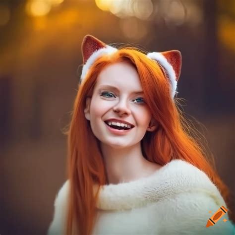 Smiling Woman With Red Hair In A Fluffy White Sweater And Cat Ears On