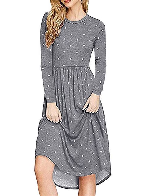 Women O Neck Polka Dot Print Dress Midi Dress Casual Dot Print Dress