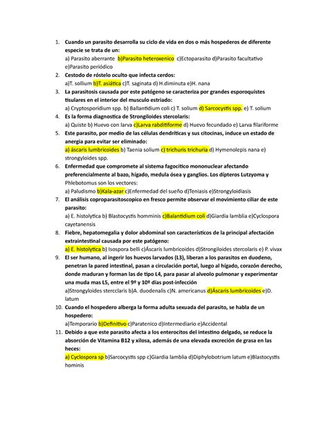 Examen 2017 Preguntas Y Respuestas 1 Cuando Un Parasito Desarrolla