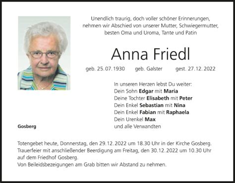 Anna Friedl Traueranzeige Trauer InFranken De