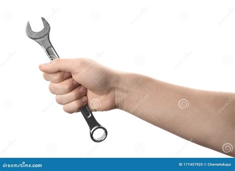 Auto Mechanic Holding Wrench Isolated On White Stock Image Image Of