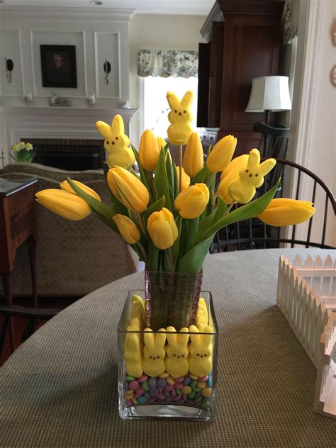 Easter Tulip And Peep Centerpiece Easter Basket Centerpiece Easter Centerpieces Diy Basket