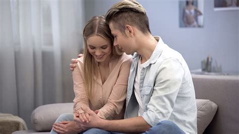 Guy Hugging Shy Girl First Romantic Date Both Inexperienced In Intimacy