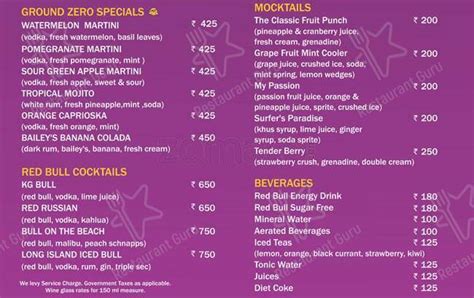 Menu At Ground Zero Mumbai