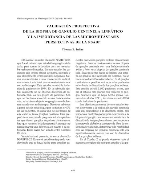 Pdf Validaci N Prospectiva De La Biopsia De Ganglio Diferencia