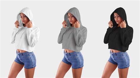 Premium Photo Crop Top Hoodie White Gray Black Crop Top On A Beautiful Girl In Blue Shorts