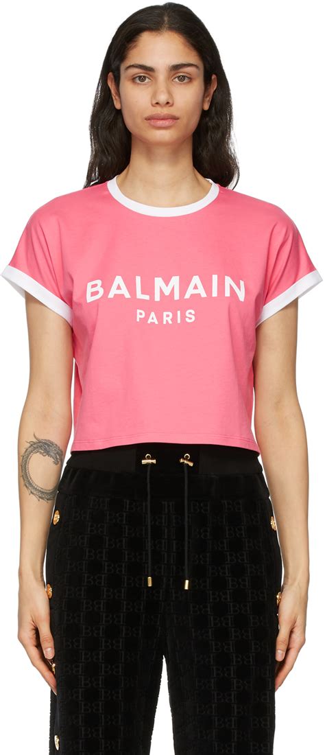 Balmain Pink White Cropped Flocked Logo T Shirt Ssense