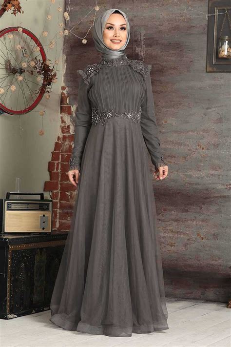 Smoke Color Hijab Evening Dress 3485fu Neva