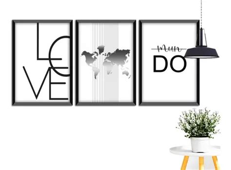 Kit 3 Quadros Decorativos C Moldura Mapa Mundi Moderno Love