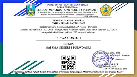 Pengumuman Kelulusan Kelas Xii Tahun Pelajaran 20212022 Sman 1 Purwoasri