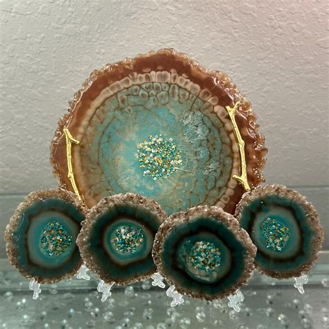 turquoise larimar effect epoxy resin tray  coaster set  crystal
