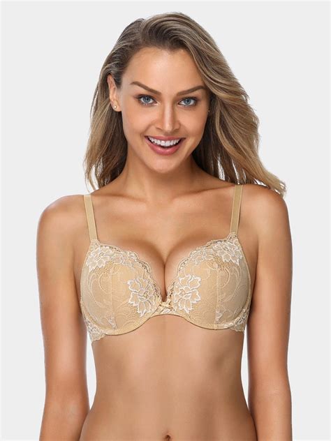 Push Up Floral Lace Bra Lightly Padded Comfort Demi Plunge Wingslove