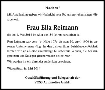 Traueranzeigen Von Ella Reimann Wirtrauern