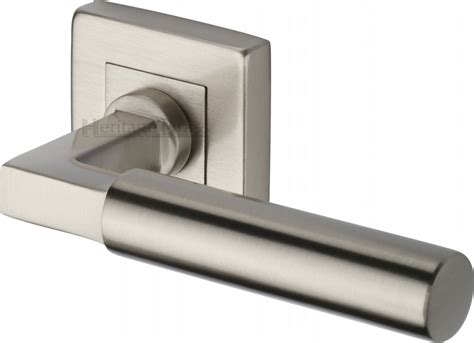 Heritage Brass Door Lever Handle On Rose Bauhaus Sq In Satin Nickel Finish