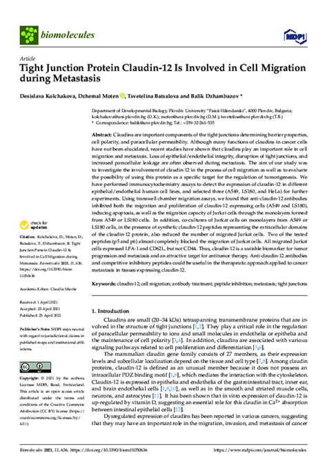 Pdf Tight Junction Protein Claudin 12 Is Involved In Cell Migration During Metastasis Balik