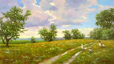 По дороге к реке, Виктория Лёвина- деревенская дорога, гуси, луг ...