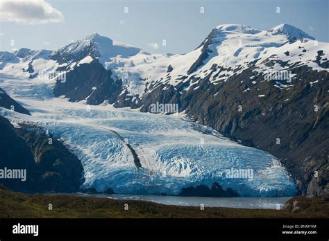 Scenic view of Portage Glacier and Portage Lake as seen from Portage Pass in Alaska during ...