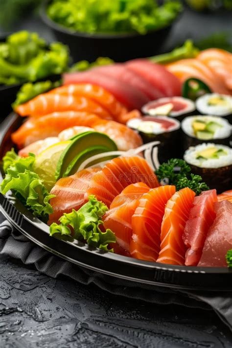 Assorted Sushi Platter With Fresh Salmon Tuna And Creamy Avocado