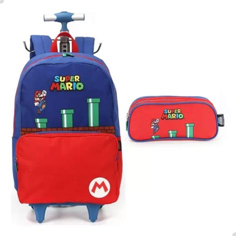 Mochila De Rodinhas Super Mario Bros Azul Luxcel Estojo