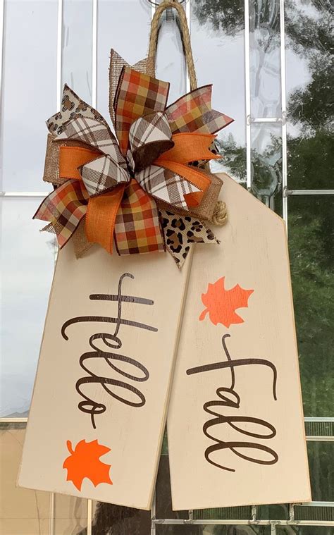 Hello Fall Large Wooden Door Tag Door Hanger Farmhouse Fall Wreath