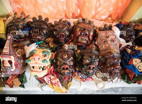 Cham masks, used during a Cham dance, performed during Losar (Tibetan New Year) in Gurupura ...