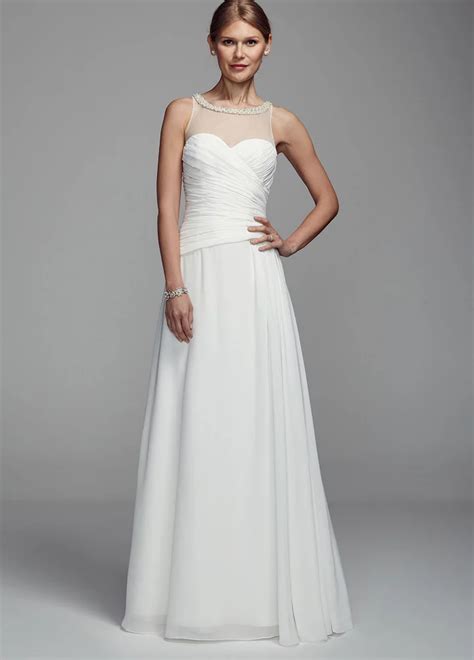 Davids Bridal Long Chiffon Tank Wedding Dress With Illusion Neckline