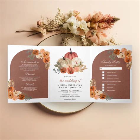 Terracotta Arch Earthy Floral Pumpkin Wedding Tri Fold Invitation Zazzle