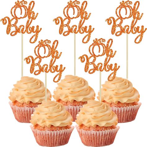 24pcs Pumpkin Oh Baby Cupcake Toppers Glitter Fall Theme