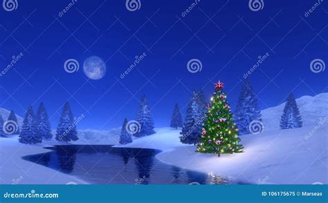 Christmas Tree Near Frozen River At Winter Night Stock Illustration