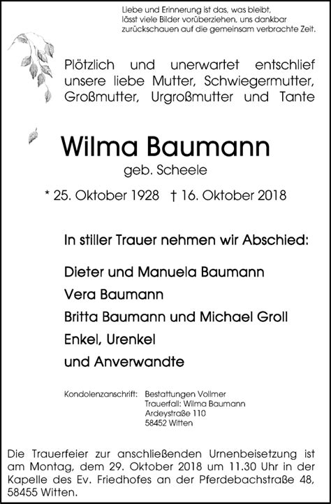 Traueranzeigen Von Wilma Baumann Trauer In Nrw De