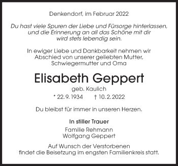 Traueranzeigen Von Elisabeth Geppert Zeit Des Gedenkens De