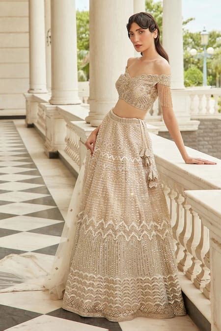 Buy Beige Lehenga And Blouse Organza Dupatta Net Embroidery Shaffan Set