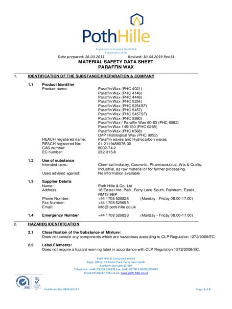 Fillable Online Material Safety Data Sheet M S D S Paraffin Wax Fax Email Print Pdffiller