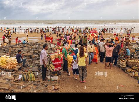 Crowded Indian Sea Beach With Tourists And Vendors At Digha West