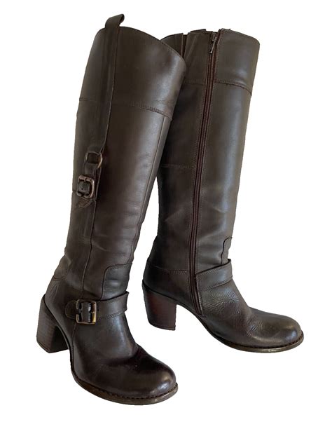 Hush Puppies ~ Tall Waxy Dark Brown Knee High Leather Boots Block Heels ~ Size 6 Ebay