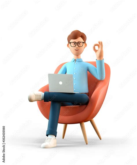 3d Illustration Of Smiling Happy Man With Laptop Sitting In Armchair