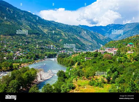 Beas river near Kullu town aerial panoramic landscape, Kullu valley in Himachal Pradesh state in ...