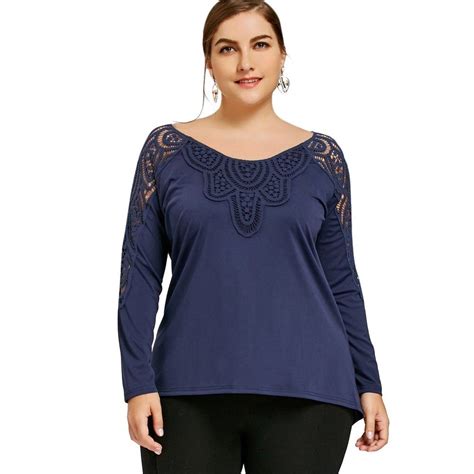 Plus Size Lace Trim Cutwork Top Cerulean 3935012813 Size Xl