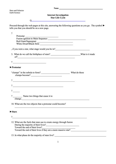 Star Life Cycle - Earth Science Worksheet printable pdf download