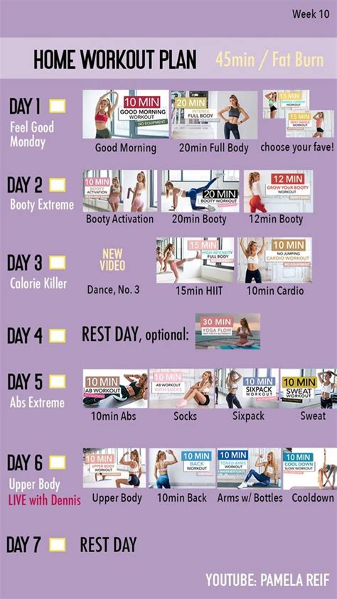 Pamela Reif Workouts Week 10 At Home Workout Plan At Home Workouts