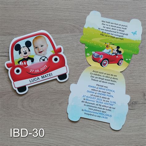 Invitatii Botez Baieti Decupate Masina Mickey Mouse IBD 30