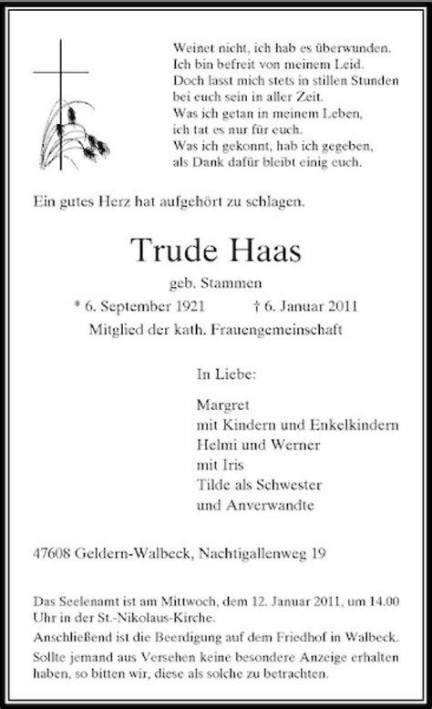 Alle Traueranzeigen F R Trude Haas Trauer Rp Online De