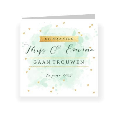 Trouwkaart Aquarel Groen Hartjes Tekst