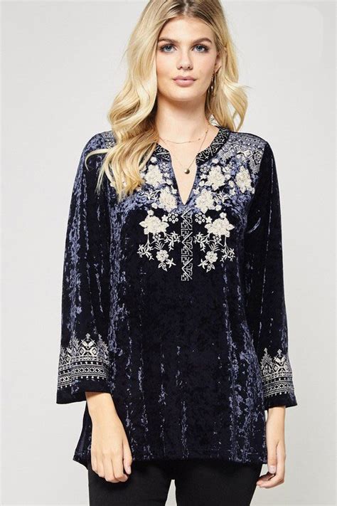 Andree By Unit Navy Embroidered Velvet Top From Elizabeths