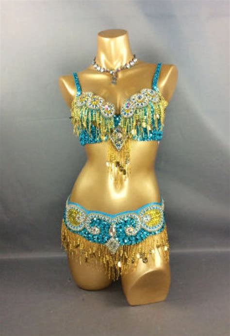 Hand Beaded Belly Dance Samba Costume Bra Belt Gold Color Etsy