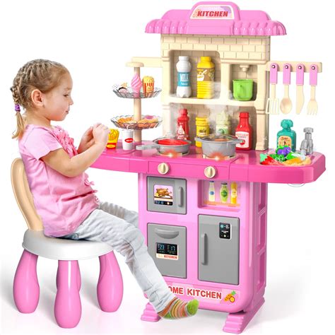 Kids Play Kitchen Playset for Toddlers Girls, Toy Kitchen Sets Pretend Play Food Toy with Chair ...